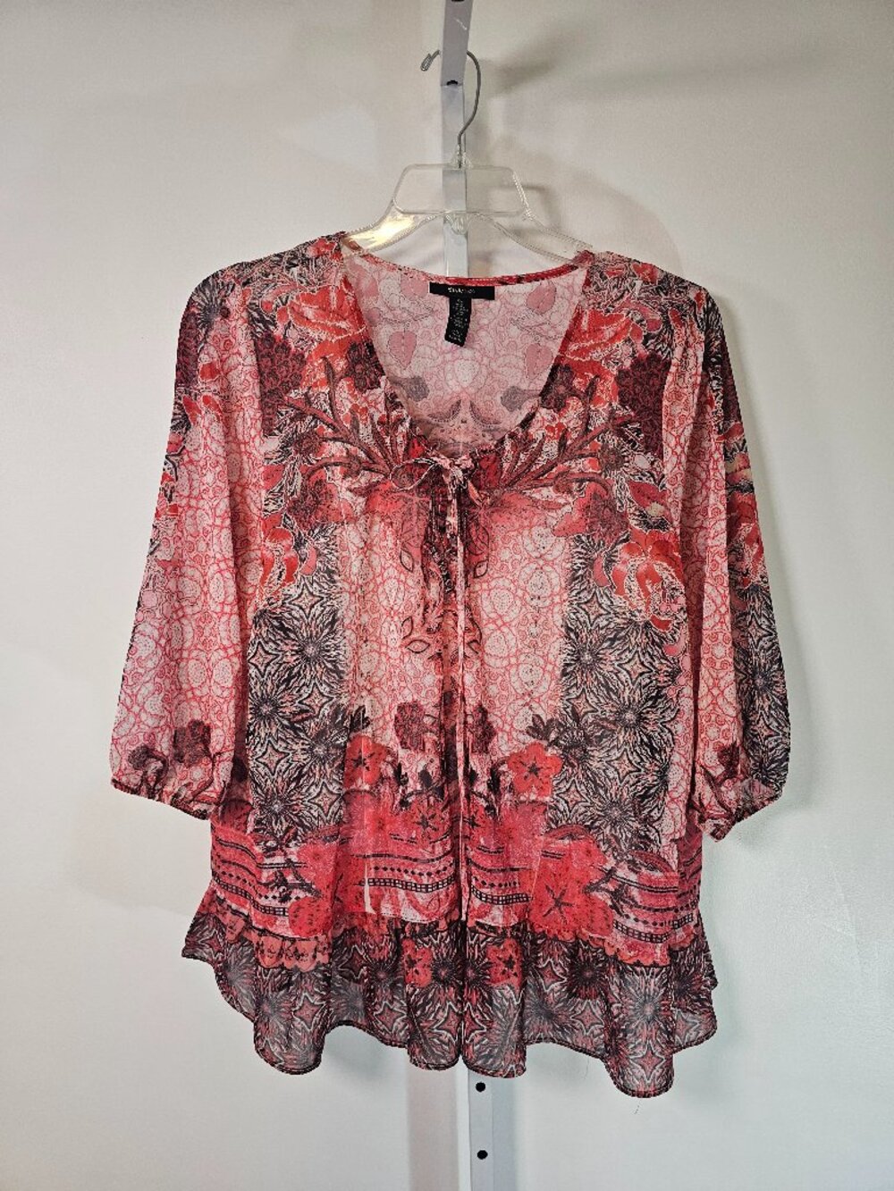 Style & Co. Blouse Red Black Floral Boho Festival Sheer XL